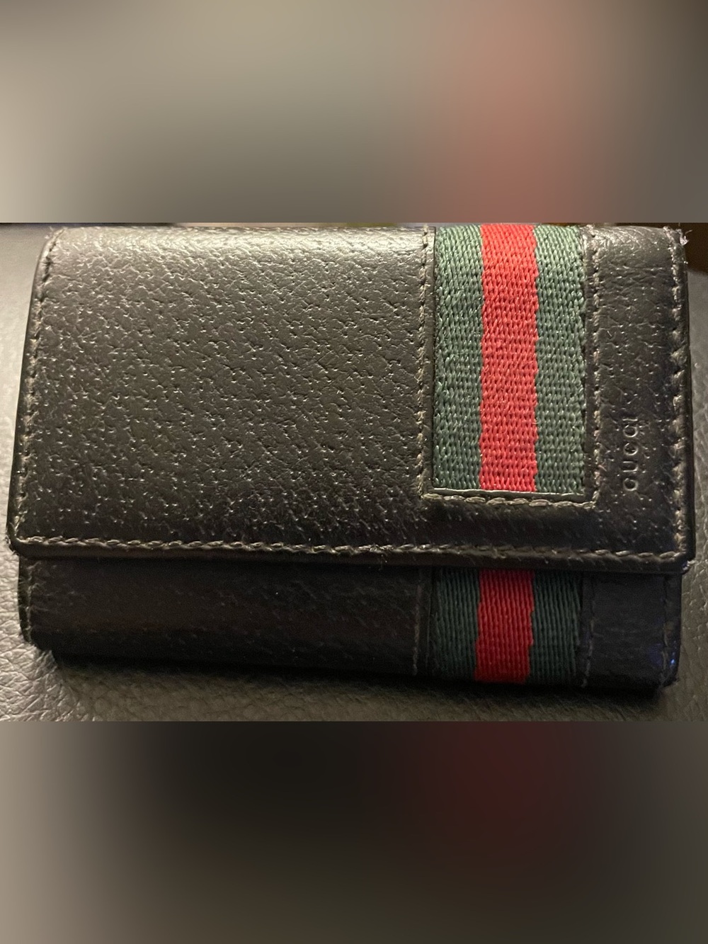 Gucci Black Leather Key/Card Holder with Green and Red Web Stripe